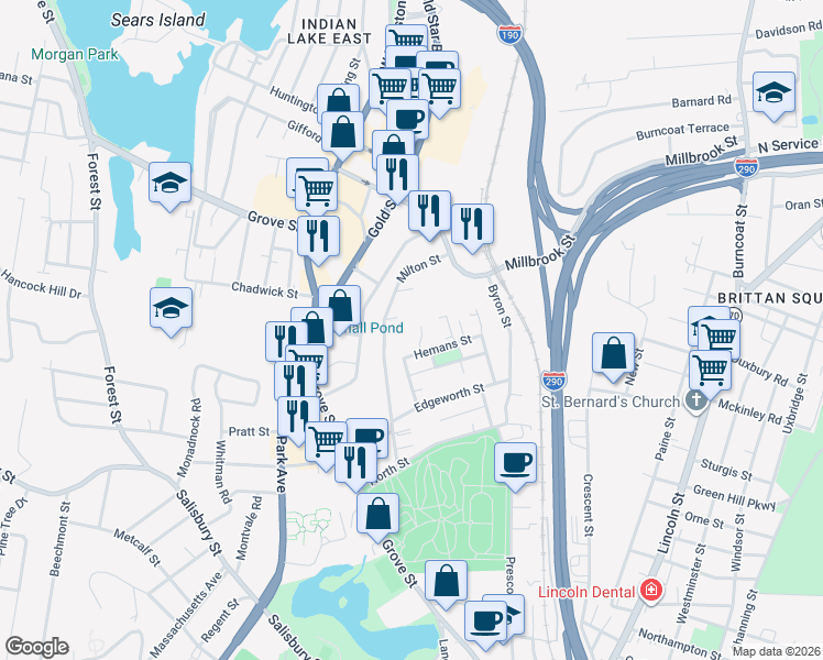 map of restaurants, bars, coffee shops, grocery stores, and more near 7 Hemans Street in Worcester