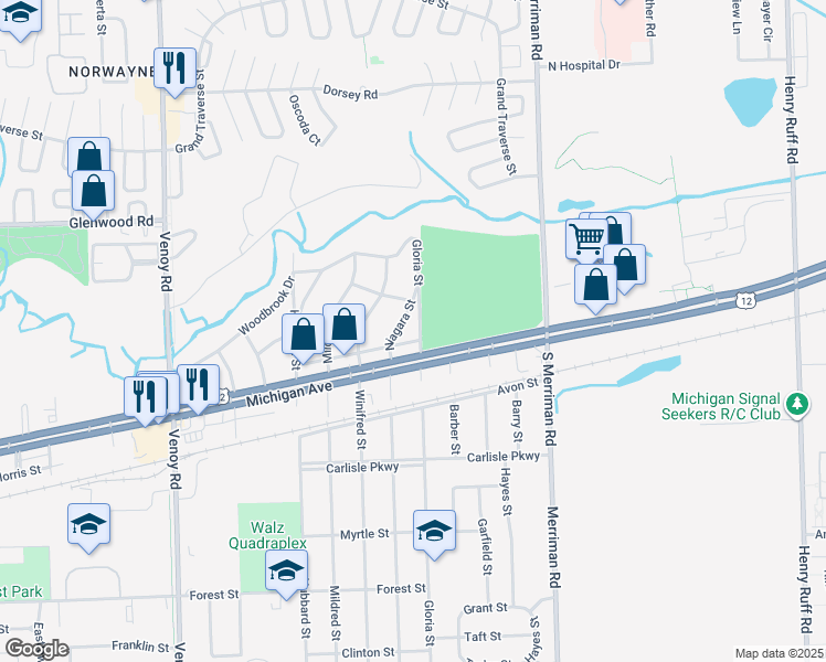 map of restaurants, bars, coffee shops, grocery stores, and more near 32010 U.S. 12 in Wayne