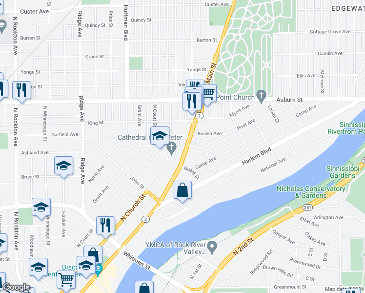 map of restaurants, bars, coffee shops, grocery stores, and more near 1252 North Main Street in Rockford
