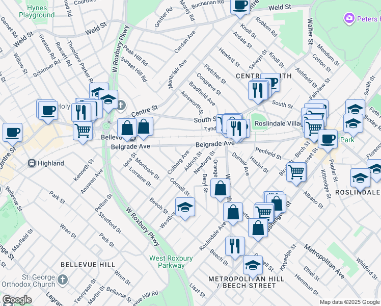 map of restaurants, bars, coffee shops, grocery stores, and more near 14 Colberg Avenue in Boston