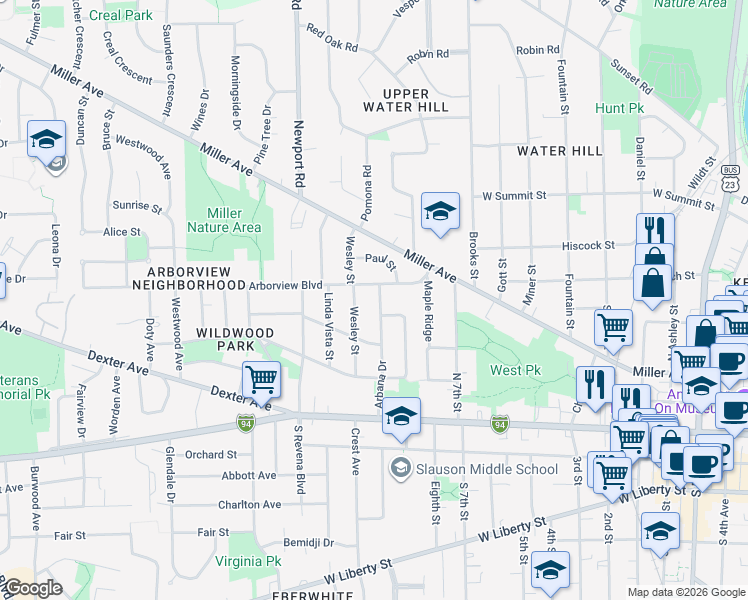 map of restaurants, bars, coffee shops, grocery stores, and more near 417 Arbana Drive in Ann Arbor