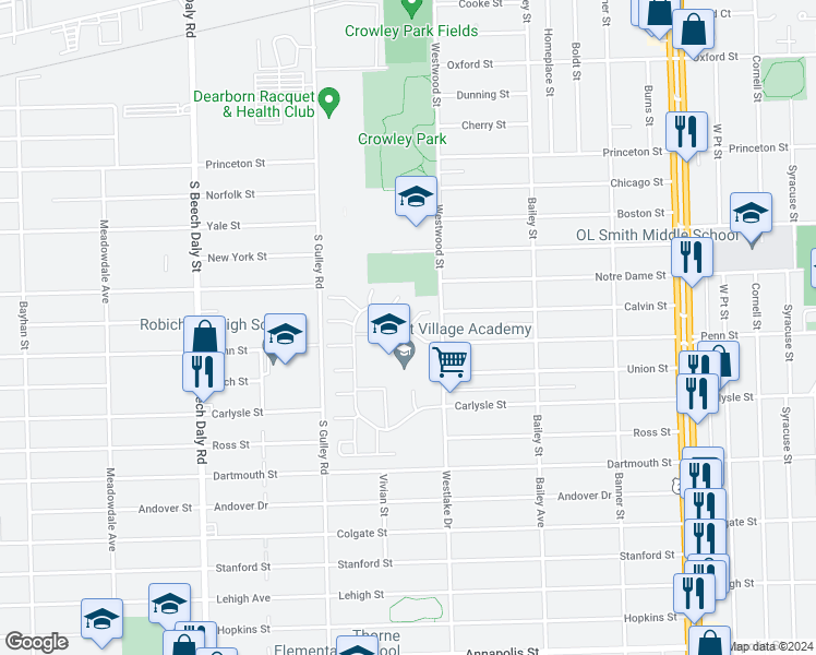 map of restaurants, bars, coffee shops, grocery stores, and more near 3362 Heritage Parkway in Dearborn