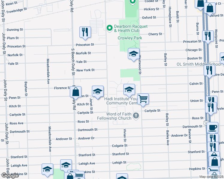 map of restaurants, bars, coffee shops, grocery stores, and more near 3520 Heritage Parkway in Dearborn