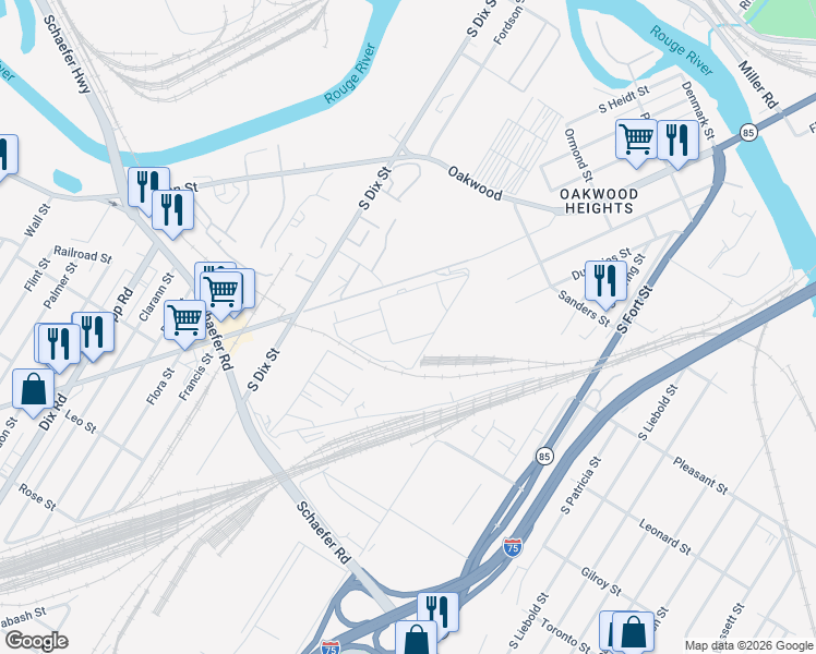 map of restaurants, bars, coffee shops, grocery stores, and more near 1025 Oakwood Boulevard in Detroit