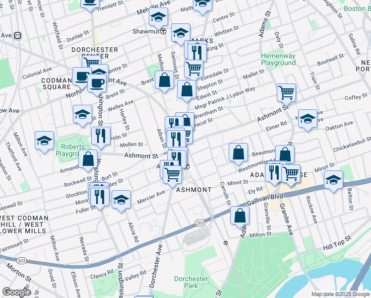 map of restaurants, bars, coffee shops, grocery stores, and more near 195 Ashmont Street in Boston
