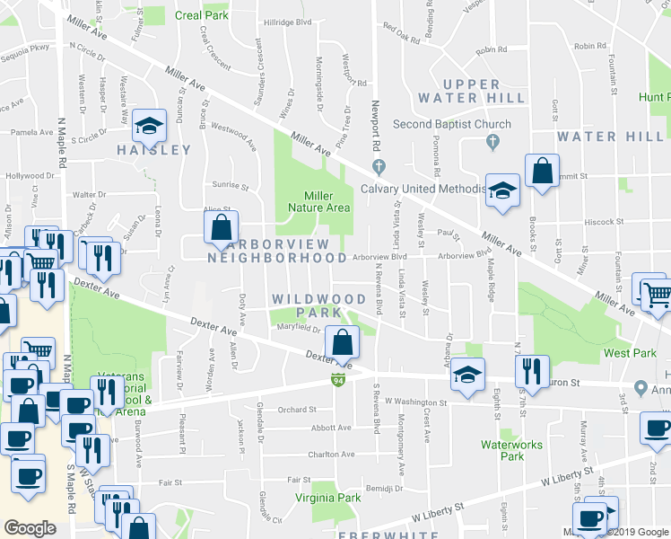 map of restaurants, bars, coffee shops, grocery stores, and more near 404 Wildwood Avenue in Ann Arbor