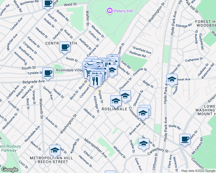 map of restaurants, bars, coffee shops, grocery stores, and more near 25 Cummins Highway in Boston