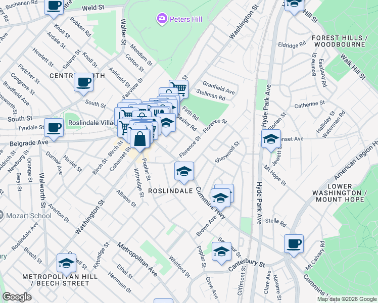 map of restaurants, bars, coffee shops, grocery stores, and more near 81 Florence Street in Boston