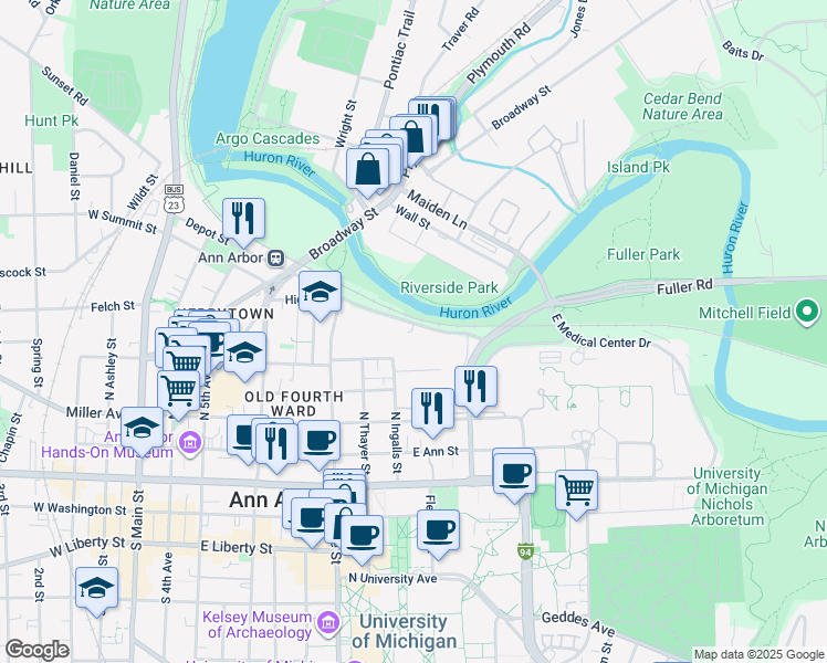 map of restaurants, bars, coffee shops, grocery stores, and more near 1005 Cornwell Place in Ann Arbor