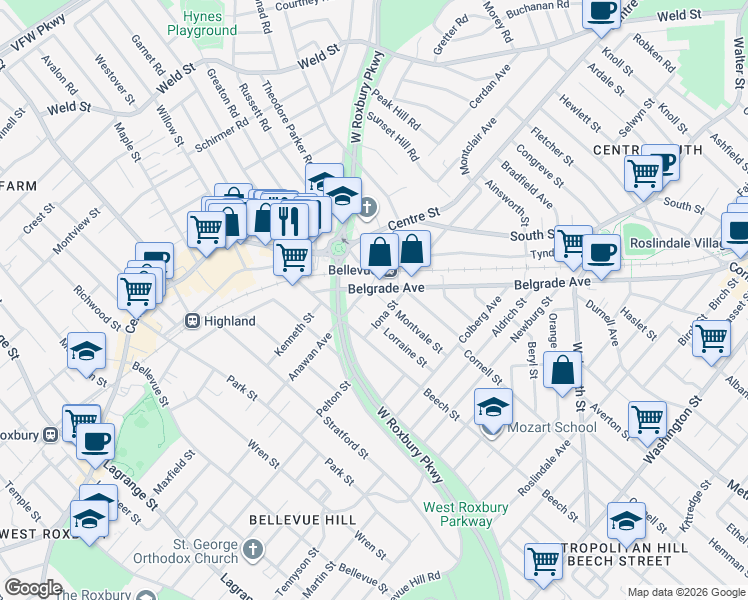 map of restaurants, bars, coffee shops, grocery stores, and more near 7 Montvale Street in Boston