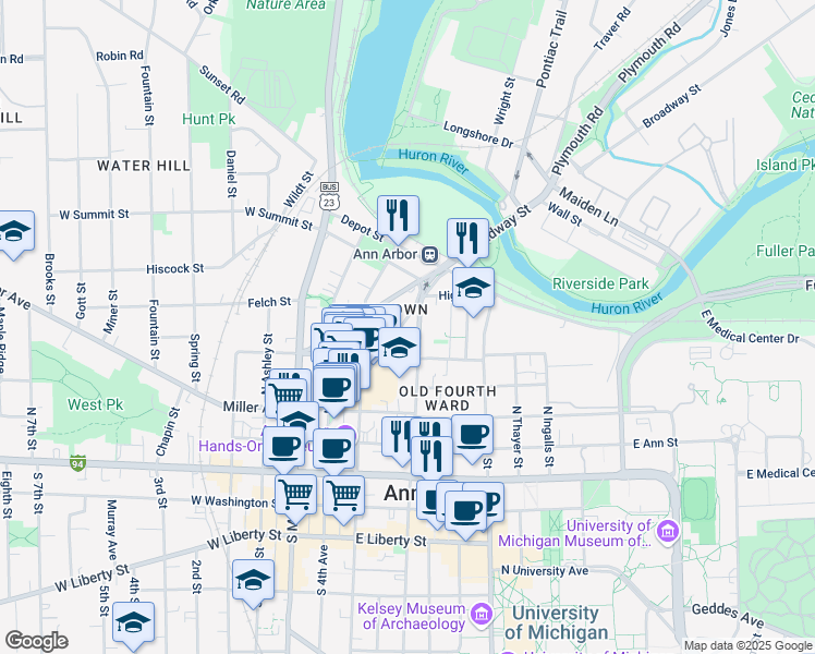map of restaurants, bars, coffee shops, grocery stores, and more near 534 Detroit Street in Ann Arbor