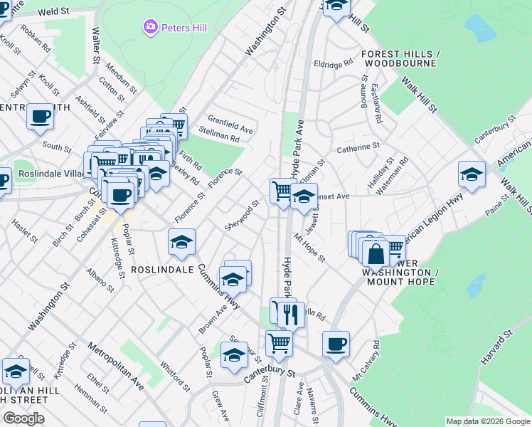 map of restaurants, bars, coffee shops, grocery stores, and more near 7 Gardenside Street in Boston