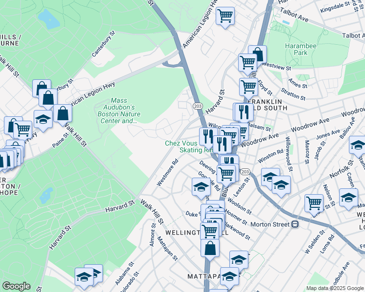 map of restaurants, bars, coffee shops, grocery stores, and more near 4 Westmore Road in Boston