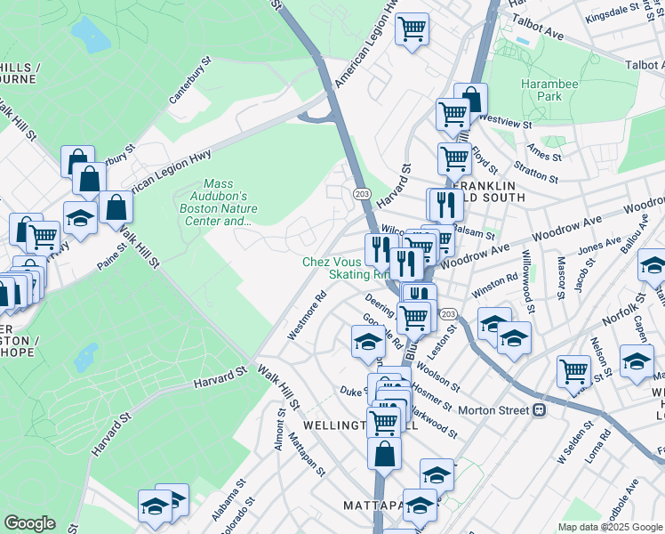 map of restaurants, bars, coffee shops, grocery stores, and more near 4 Westmore Road in Boston