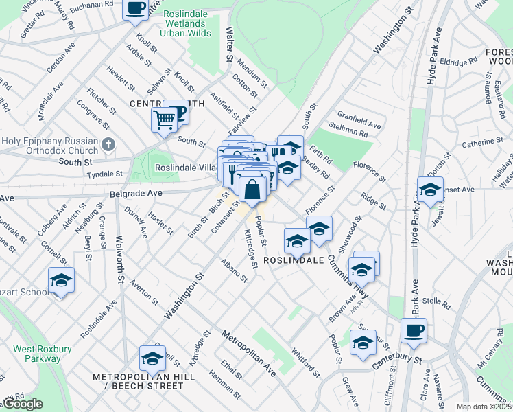 map of restaurants, bars, coffee shops, grocery stores, and more near 2 Florence Street in Boston