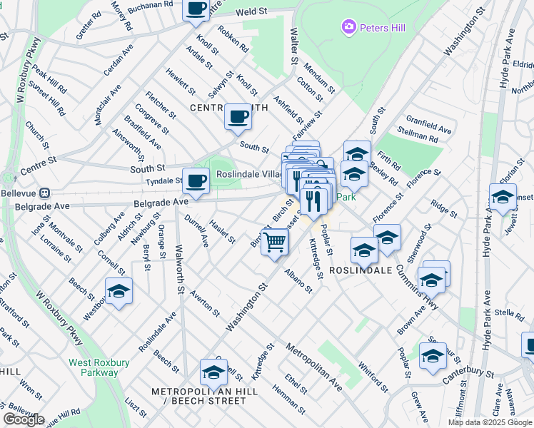 map of restaurants, bars, coffee shops, grocery stores, and more near 47 Cohasset Street in Boston