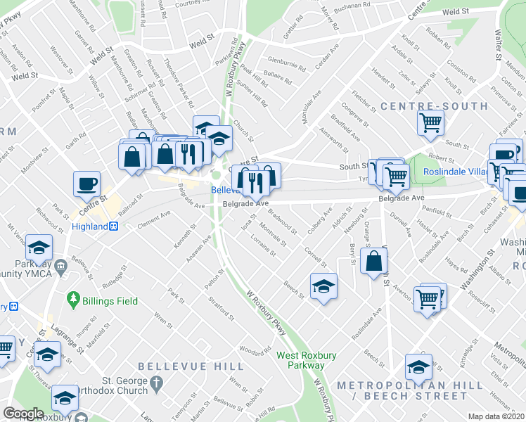 map of restaurants, bars, coffee shops, grocery stores, and more near 33 Montvale Street in Boston