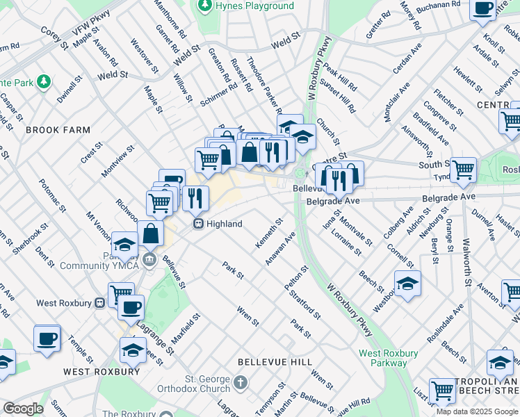 map of restaurants, bars, coffee shops, grocery stores, and more near 35 Kenneth Street in Boston