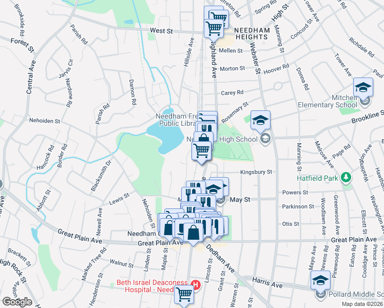 map of restaurants, bars, coffee shops, grocery stores, and more near 1257 Highland Avenue in Needham