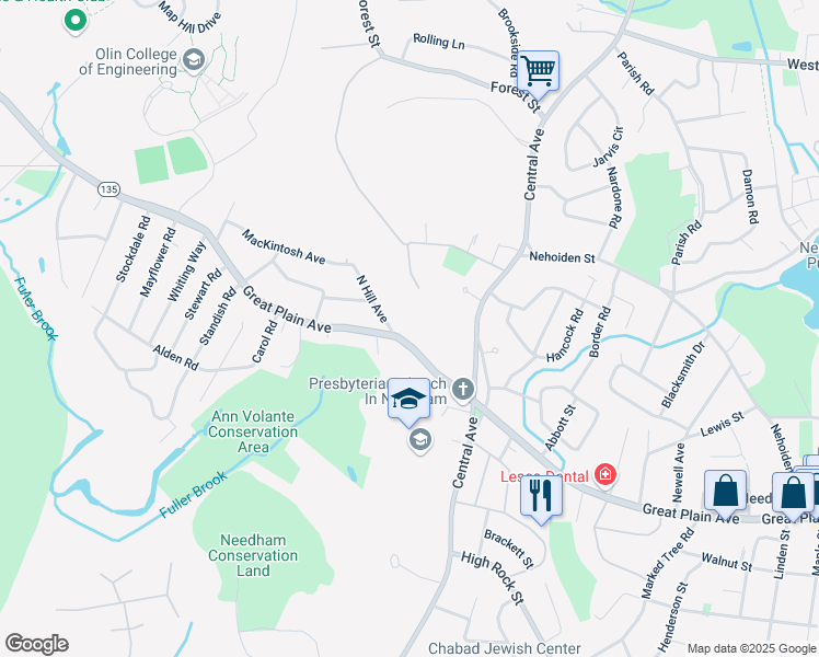 map of restaurants, bars, coffee shops, grocery stores, and more near 1532 Massachusetts 135 in Needham
