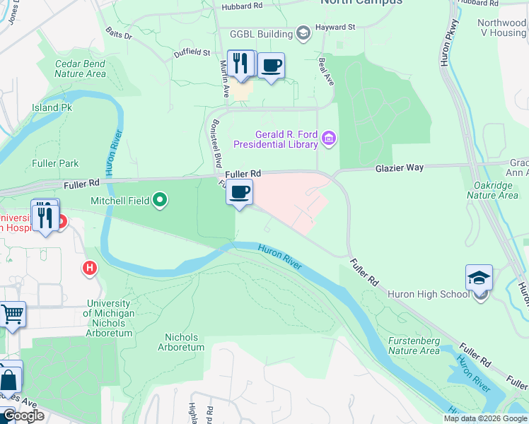 map of restaurants, bars, coffee shops, grocery stores, and more near 2222 Fuller Court in Ann Arbor