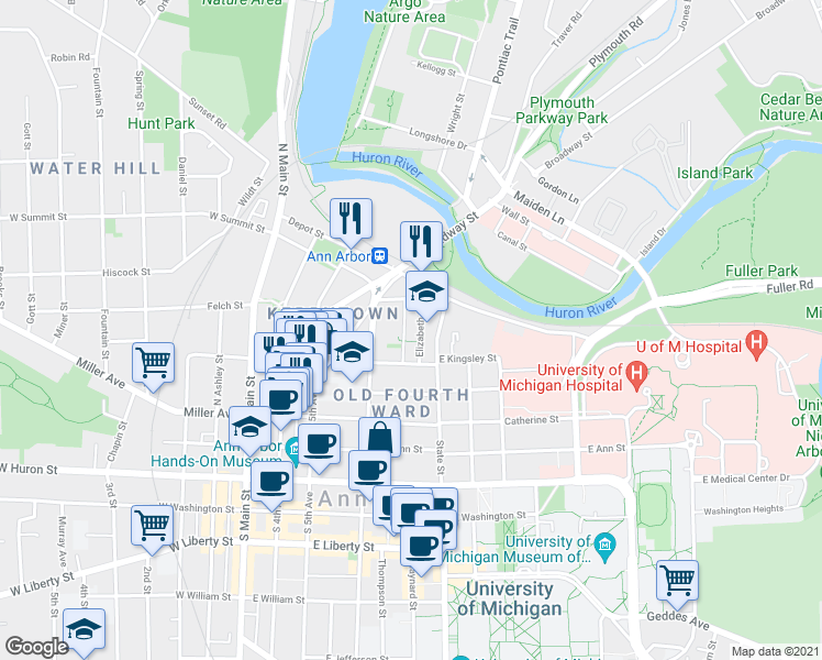 map of restaurants, bars, coffee shops, grocery stores, and more near 507 East Kingsley Street in Ann Arbor