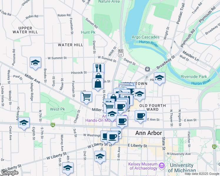 map of restaurants, bars, coffee shops, grocery stores, and more near 500 North Main Street in Ann Arbor