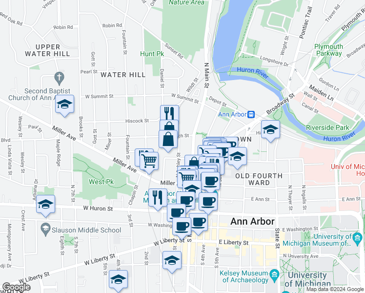 map of restaurants, bars, coffee shops, grocery stores, and more near 122 West Kingsley Street in Ann Arbor