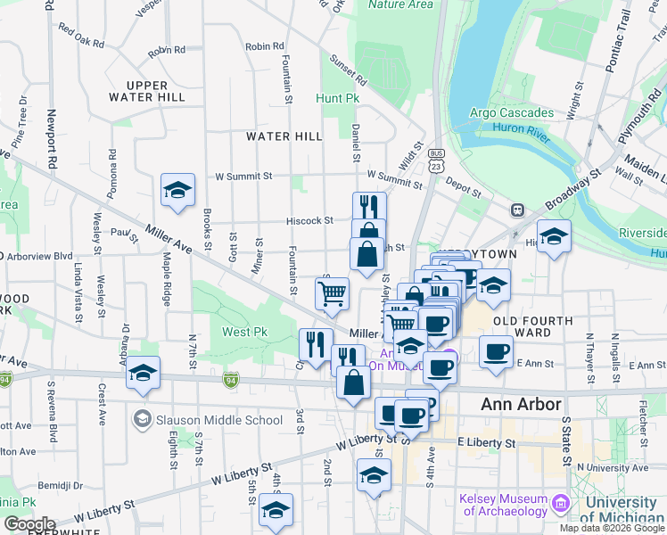 map of restaurants, bars, coffee shops, grocery stores, and more near 439 Spring Street in Ann Arbor