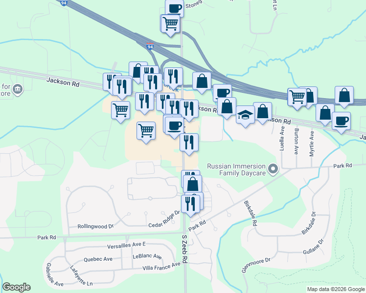 map of restaurants, bars, coffee shops, grocery stores, and more near 151 South Zeeb Road in Ann Arbor