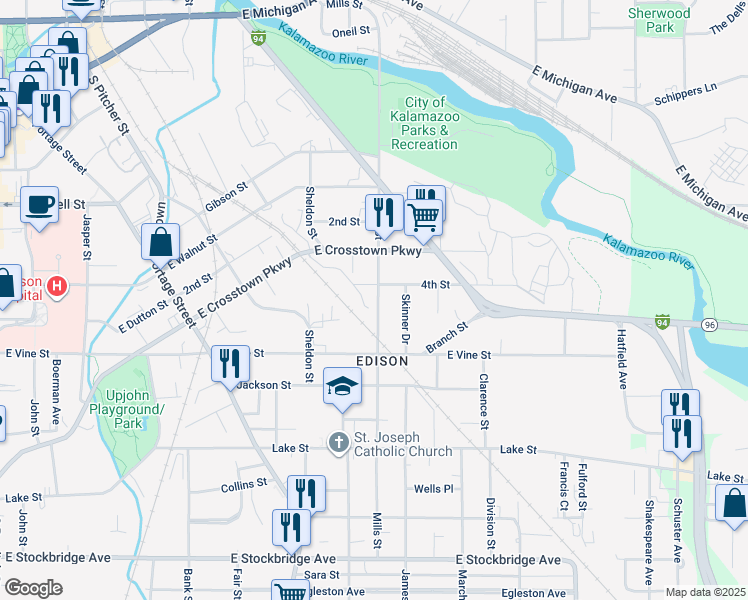 map of restaurants, bars, coffee shops, grocery stores, and more near 739 Mills Street in Kalamazoo