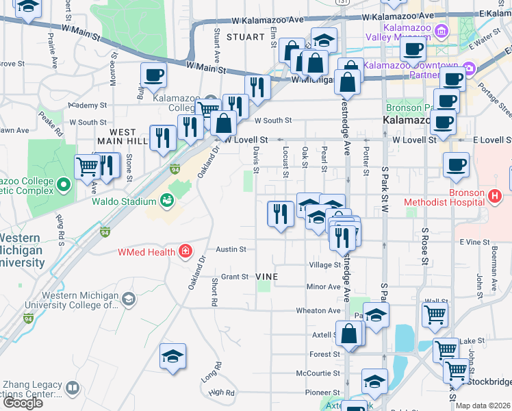 map of restaurants, bars, coffee shops, grocery stores, and more near 907 Walwood Place in Kalamazoo