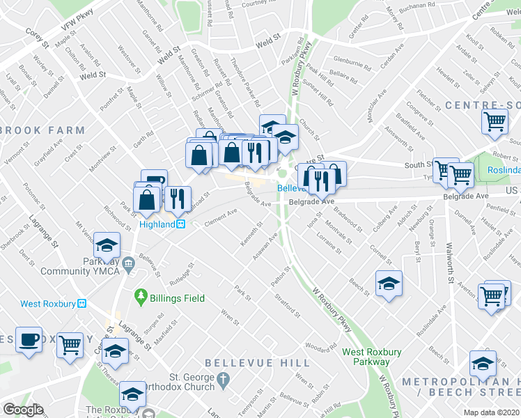 map of restaurants, bars, coffee shops, grocery stores, and more near 414 Belgrade Avenue in Boston