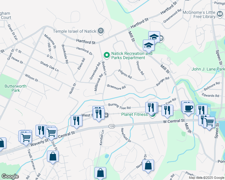 map of restaurants, bars, coffee shops, grocery stores, and more near 159 Boden Lane in Natick