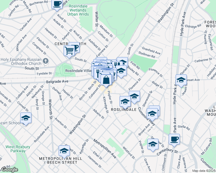 map of restaurants, bars, coffee shops, grocery stores, and more near 4238 Washington Street in Boston
