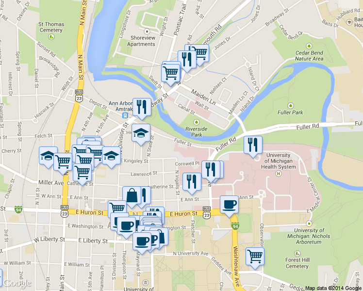 map of restaurants, bars, coffee shops, grocery stores, and more near 908 Fuller Street in Ann Arbor