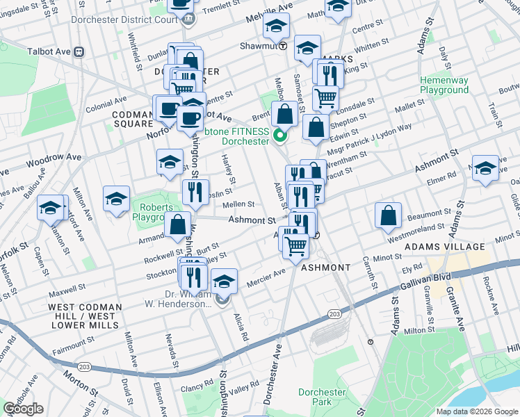 map of restaurants, bars, coffee shops, grocery stores, and more near 2 Burt Street in Boston