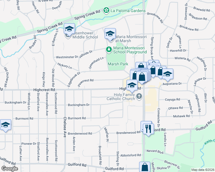 map of restaurants, bars, coffee shops, grocery stores, and more near 4115 Highcrest Road in Rockford