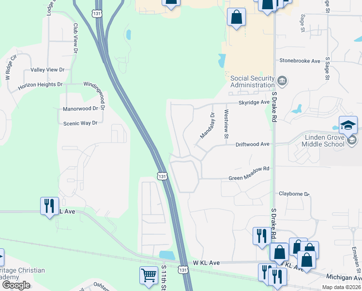 map of restaurants, bars, coffee shops, grocery stores, and more near 367 Round Hill Road in Kalamazoo