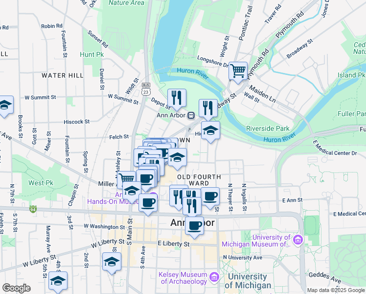 map of restaurants, bars, coffee shops, grocery stores, and more near 529 North Division Street in Ann Arbor