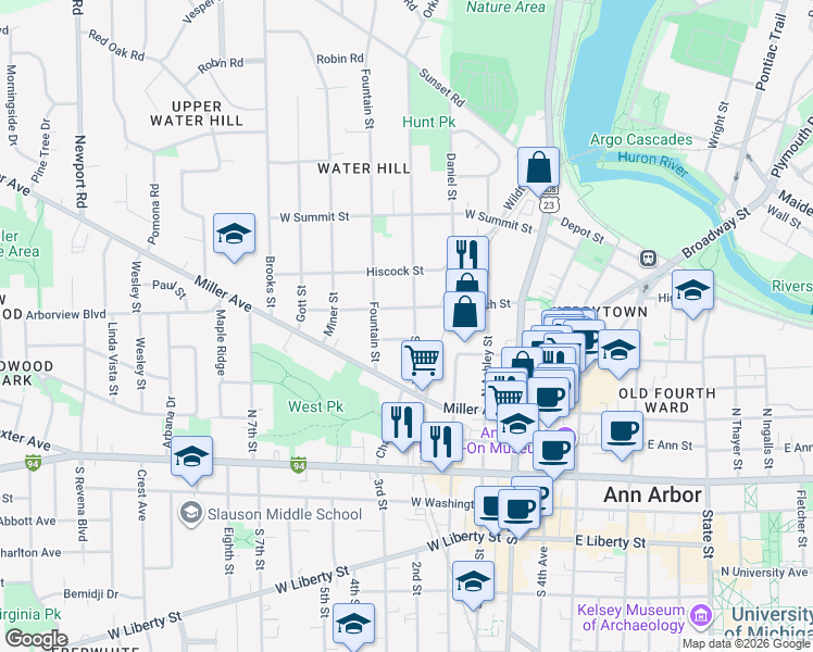 map of restaurants, bars, coffee shops, grocery stores, and more near 607 Spring Street in Ann Arbor