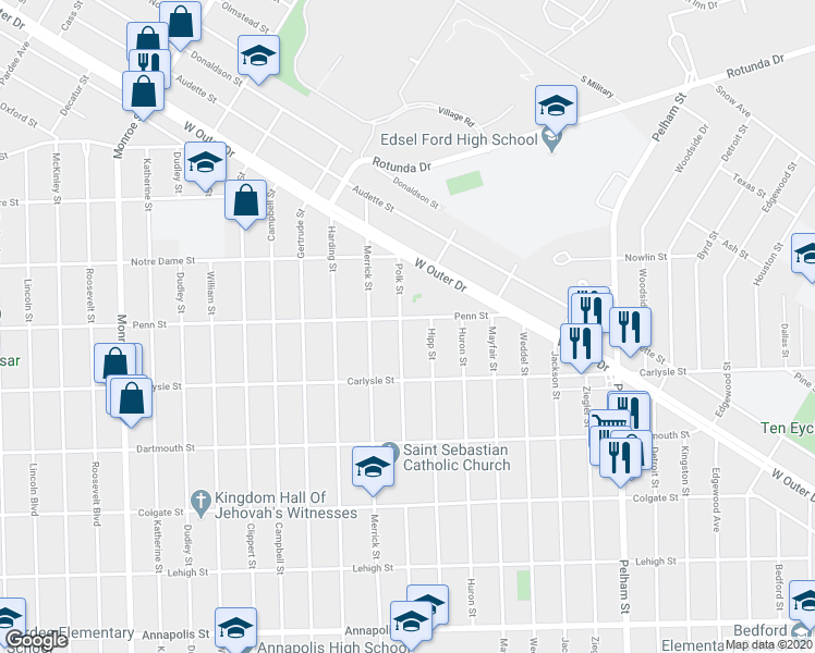 map of restaurants, bars, coffee shops, grocery stores, and more near 3515 Polk Street in Dearborn