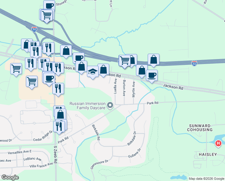 map of restaurants, bars, coffee shops, grocery stores, and more near 44 Luella Avenue in Ann Arbor