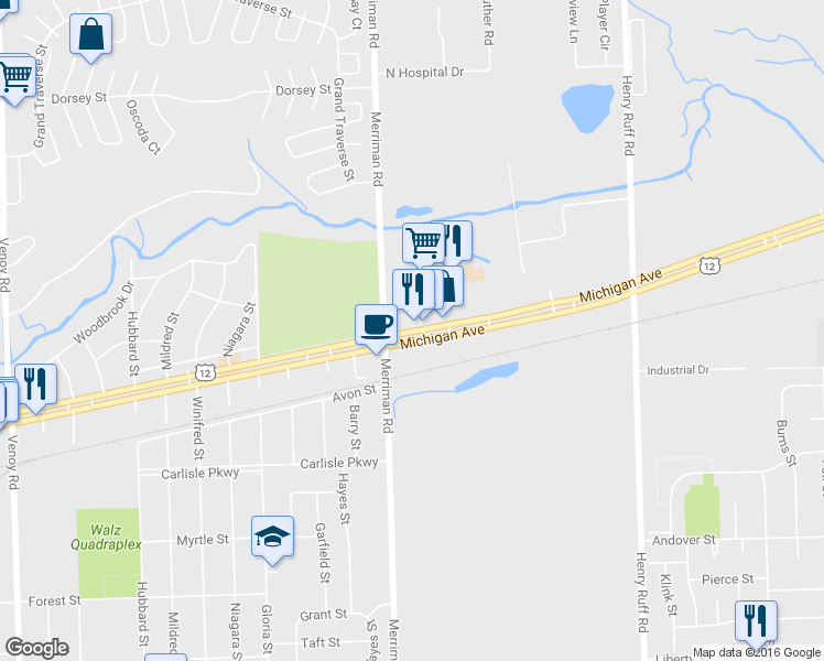 map of restaurants, bars, coffee shops, grocery stores, and more near 31350 Michigan Ave in Westland
