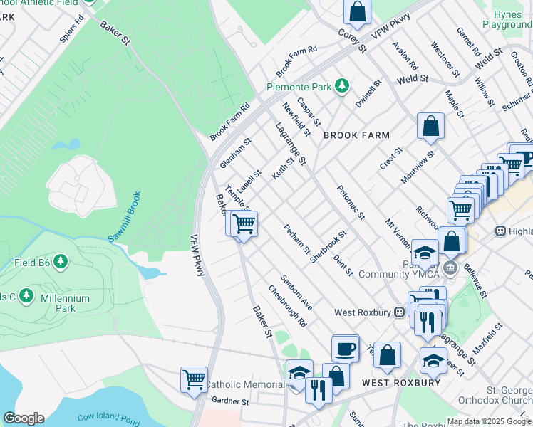 map of restaurants, bars, coffee shops, grocery stores, and more near 325 Vermont Street in Boston