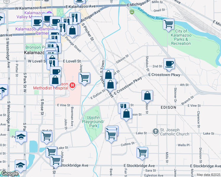 map of restaurants, bars, coffee shops, grocery stores, and more near 563 Portage Street in Kalamazoo