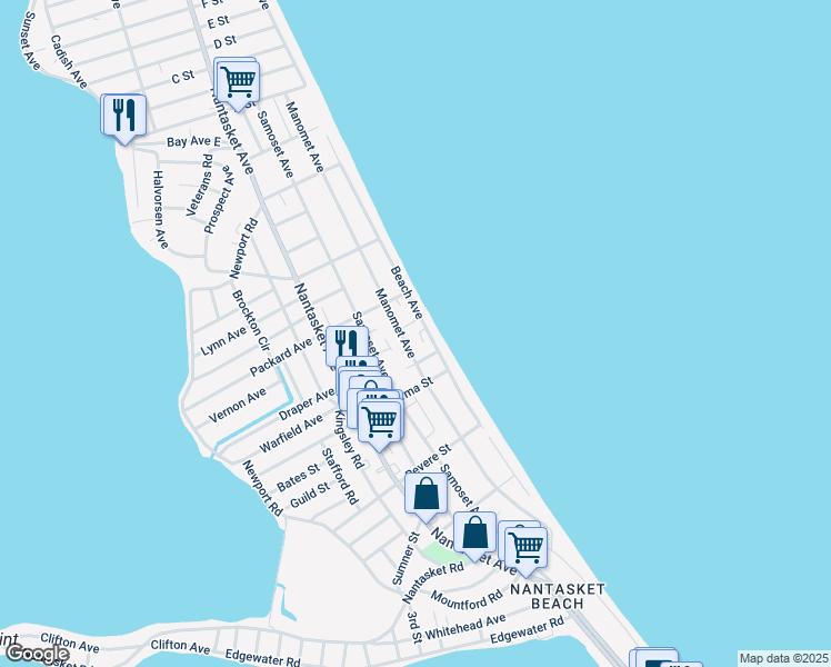 map of restaurants, bars, coffee shops, grocery stores, and more near 107 Beach Avenue in Hull