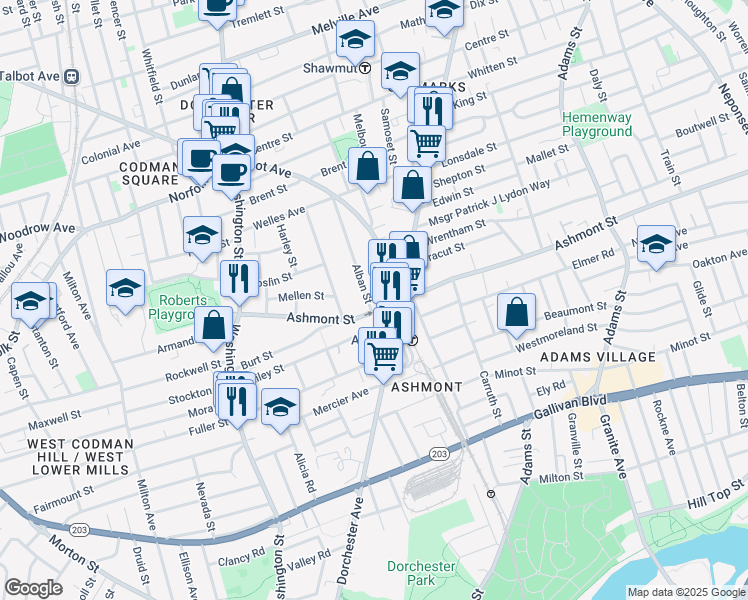 map of restaurants, bars, coffee shops, grocery stores, and more near 35 Alban Street in Boston