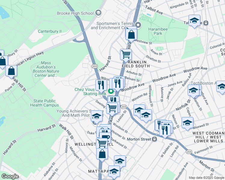 map of restaurants, bars, coffee shops, grocery stores, and more near 1111 Massachusetts 28 in Boston