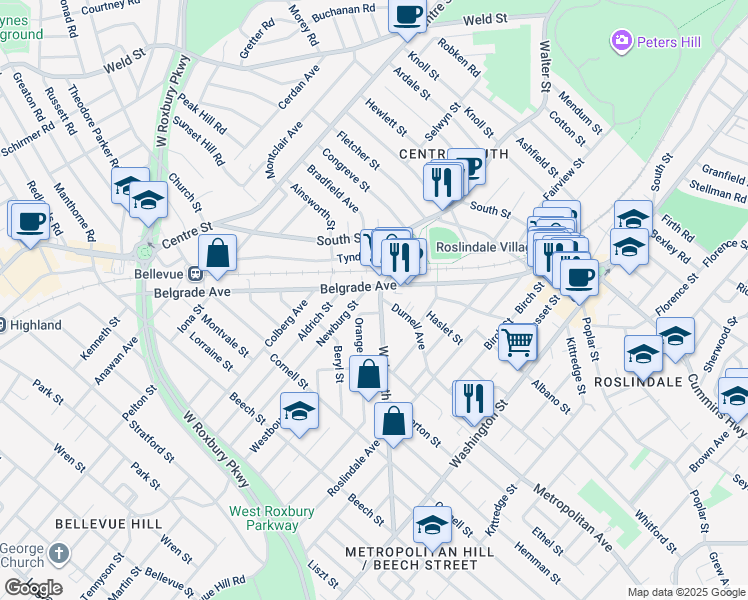 map of restaurants, bars, coffee shops, grocery stores, and more near 35 Walworth Street in Boston